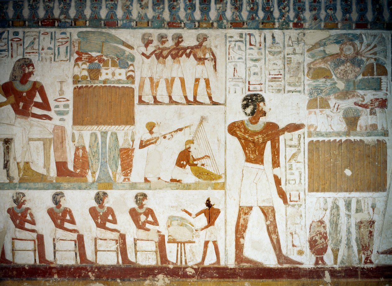 Músicos, detalhe de afrescos em Túmulo de Userhat, Sheikh Abd el Qurnah Necropolis, Luxor, Tebas (Lista do Património Mundial da Unesco de Egyptian 18th Dynasty