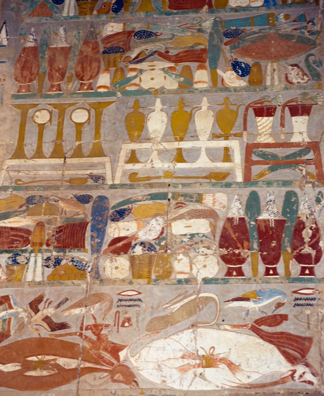Oferenda e frascos de perfume entre Anúbis e Hatshepsut, mural, Capela de Anúbis, Templo Mortuário de Hatshepsut, Deir el-Bahari, Necrópole Tebana (Lista do Património Mundial da Unesco de Egyptian 18th Dynasty