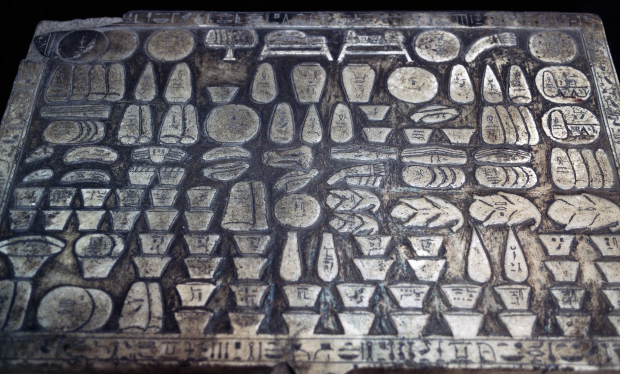 Mesa de oferendas, civilização egípcia, Novo Reino, Dinastia XVIII, pormenor de Egyptian 18th Dynasty