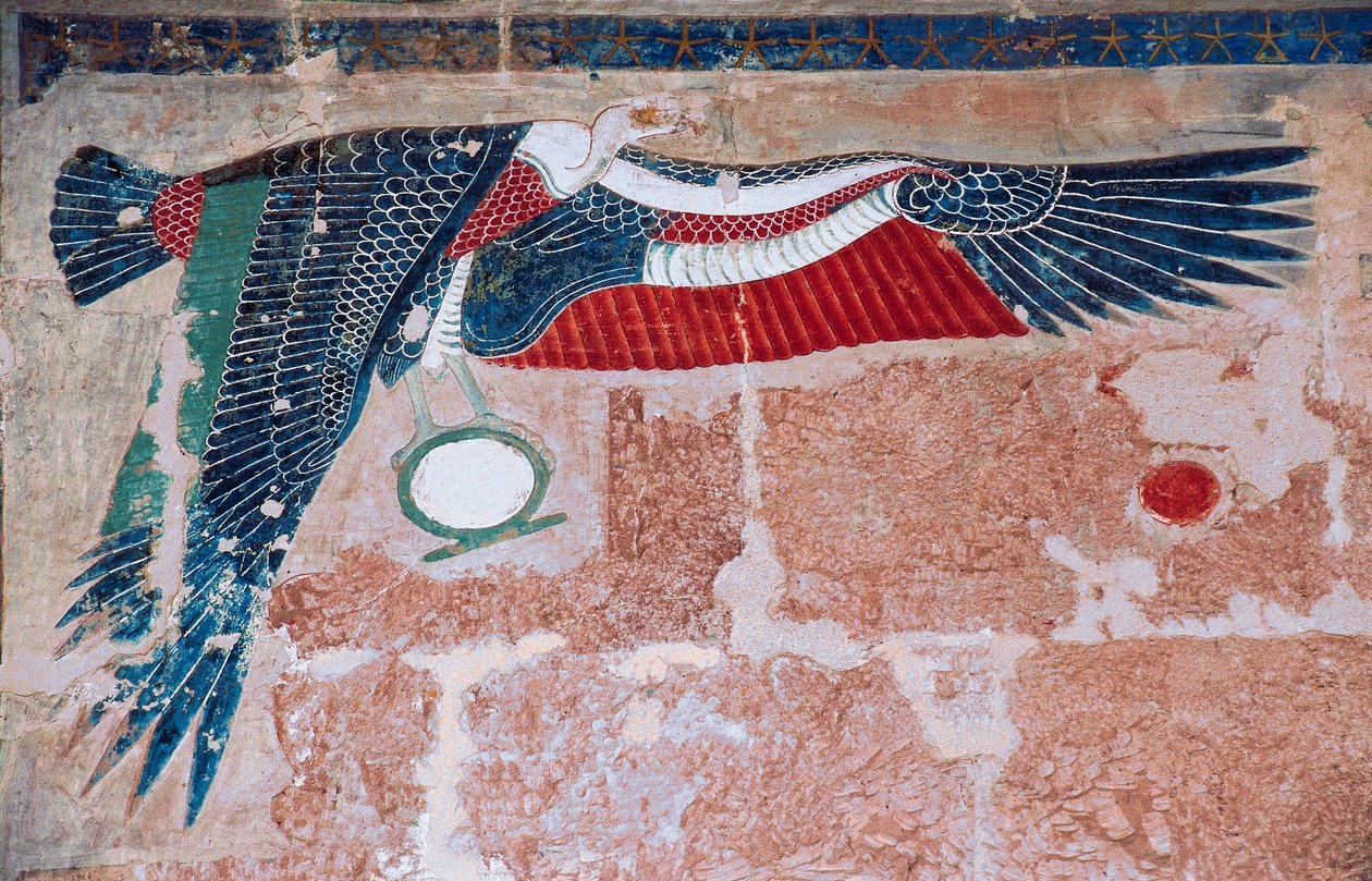 Relevo pintado representando abutre do Alto Egito, Templo Mortuário de Hatshepsut, Deir el-Bahari, Luxor, Tebas (Lista do Património Mundial da Unesco de Egyptian 18th Dynasty