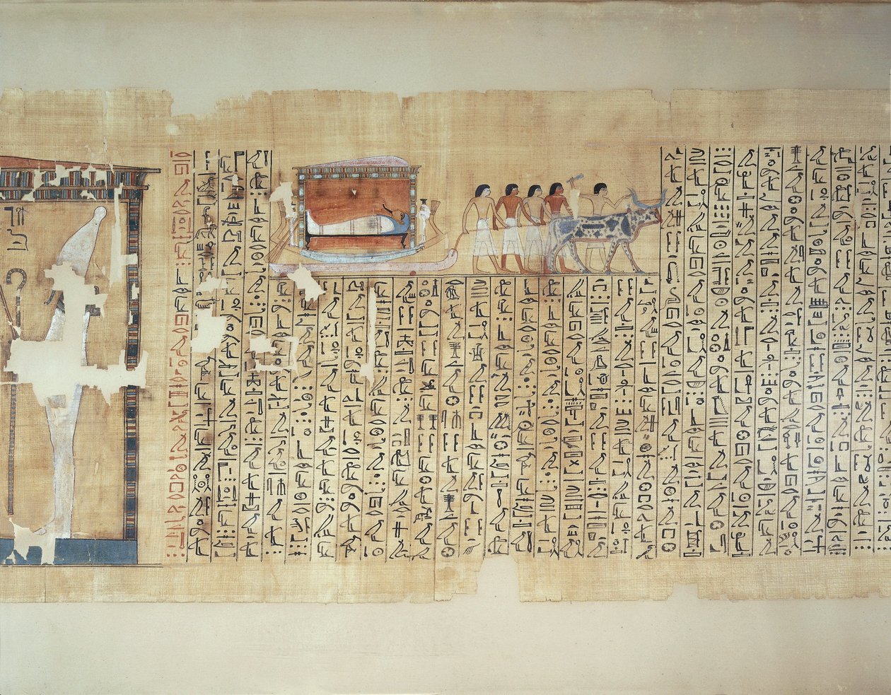 Papiro representando o transporte de um sarcófago numa carruagem puxada por um boi, do Livro dos Mortos de Maiherperi de Egyptian 18th Dynasty