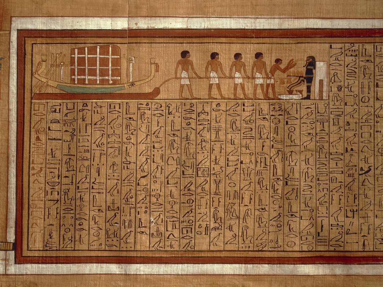 Papiro com os hieróglifos do "Livro dos Mortos" e ilustrações policromadas do túmulo de Kha em Tebas. Novo Reino, Dinastia XVIII de Egyptian 18th Dynasty