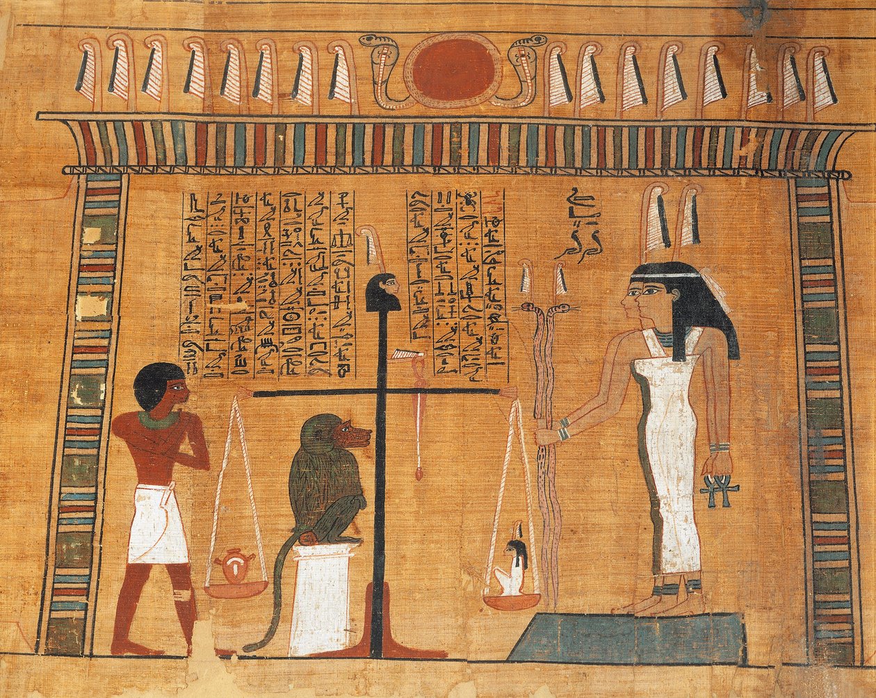 Papiro do Livro dos Mortos: o defunto em julgamento perante o tribunal de Osíris de Egyptian 18th Dynasty