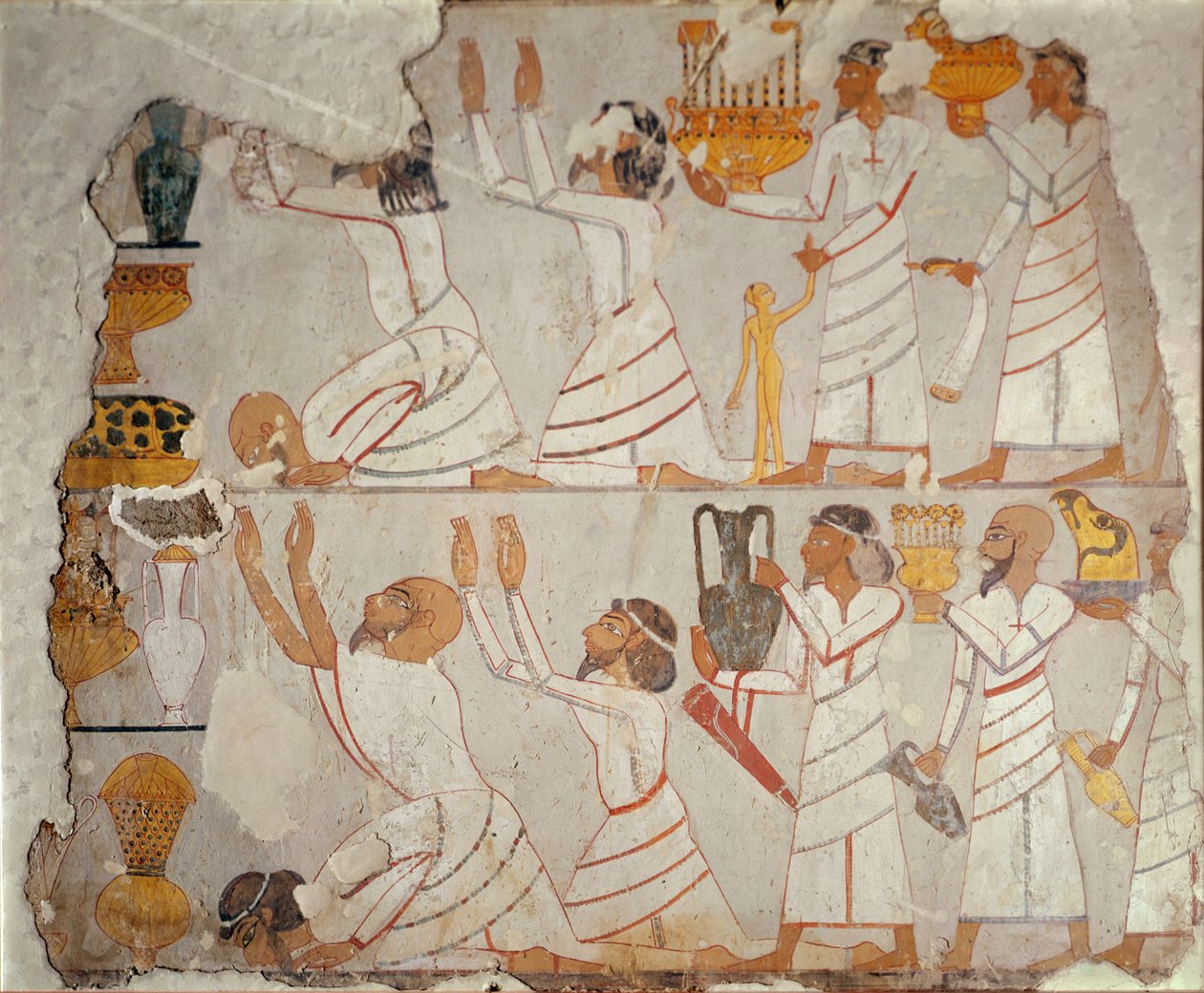 Parte de um túmulo pintado, c.1400 a.C. (gesso pintado sobre pedra) de Egyptian 18th Dynasty