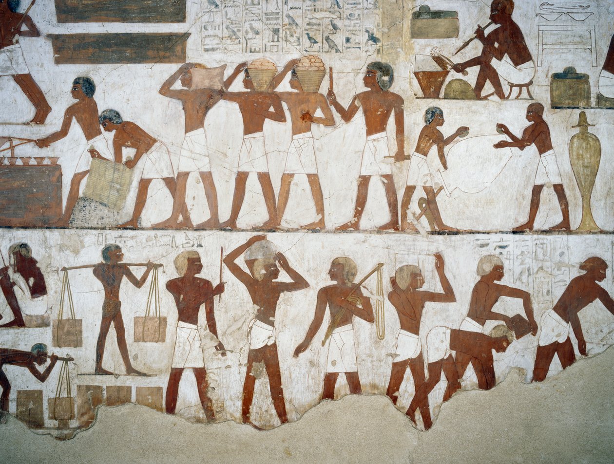 Oleiros e trabalhadores, detalhe dos afrescos no Túmulo de Rekhmire, Sheikh Abd el Qurnah Necropolis, Luxor, Thebes (Lista do Património Mundial da Unesco de Egyptian 18th Dynasty