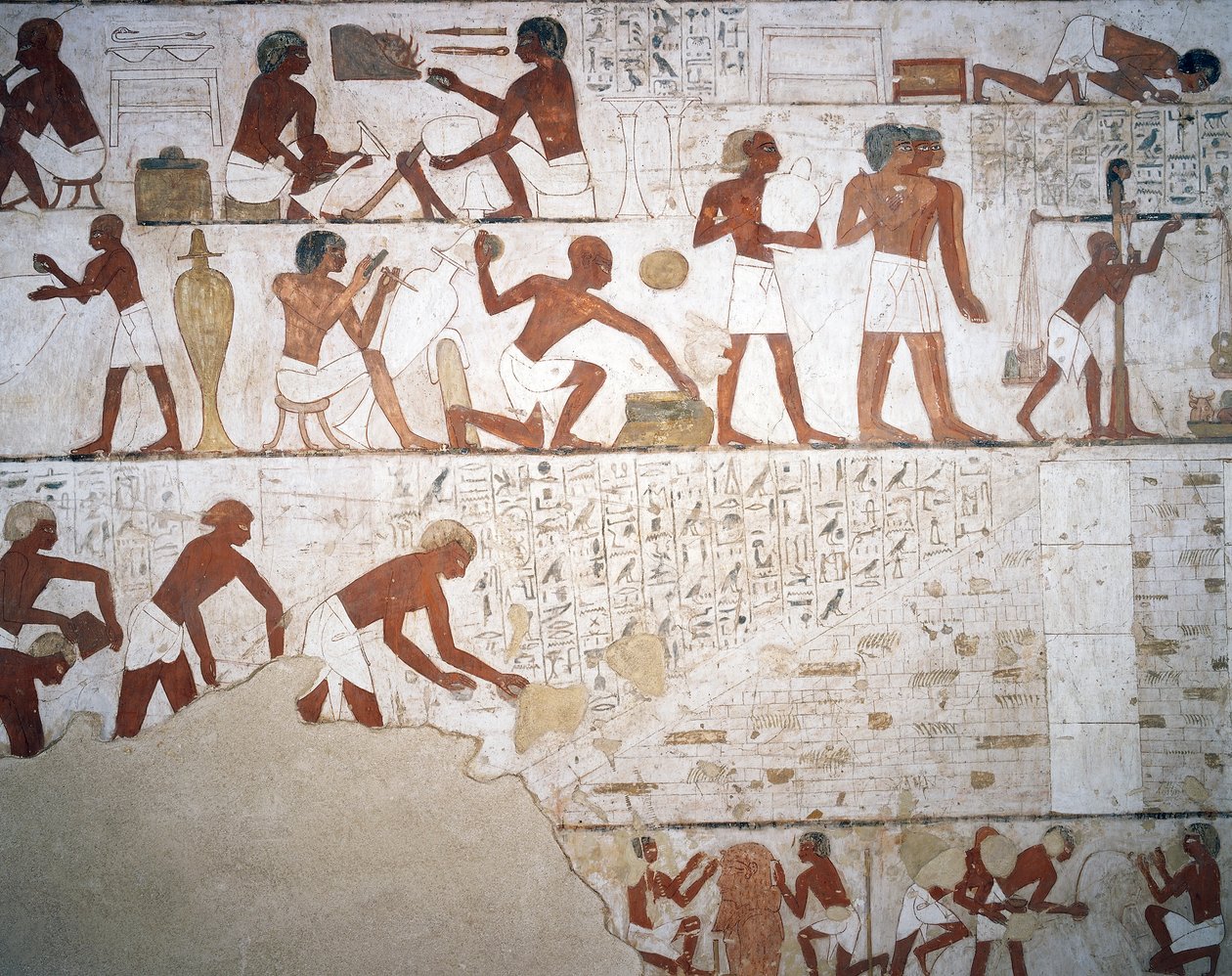 Oleiros e trabalhadores, fresco, capela, Túmulo de Rekhmire (TT100), Sheikh Abd el-Qurna, Tebas (Lista do Património Mundial da Unesco de Egyptian 18th Dynasty