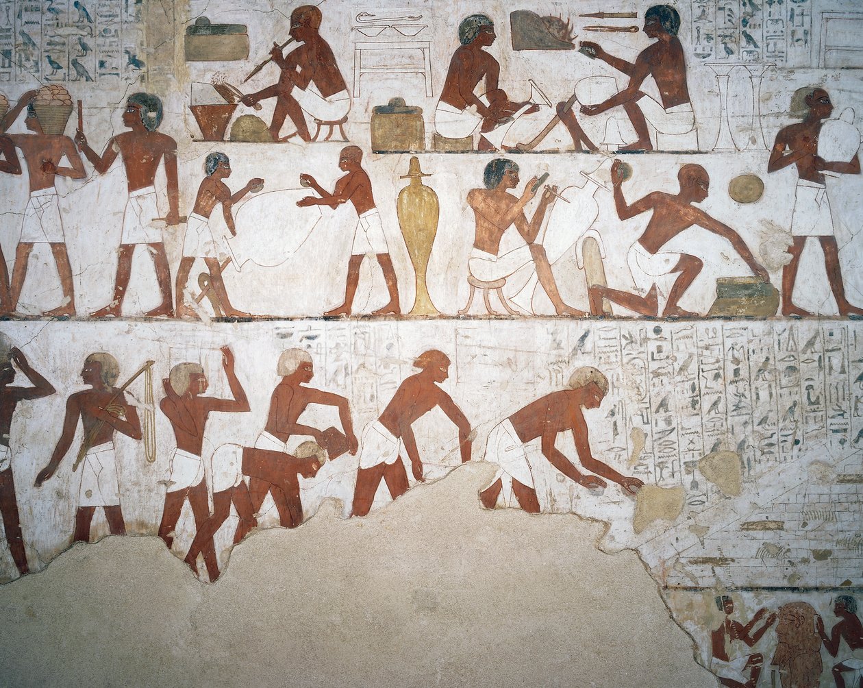Oleiros e trabalhadores, fresco, capela, Túmulo de Rekhmire (TT100), Sheikh Abd el-Qurna, Tebas (Lista do Património Mundial da Unesco de Egyptian 18th Dynasty