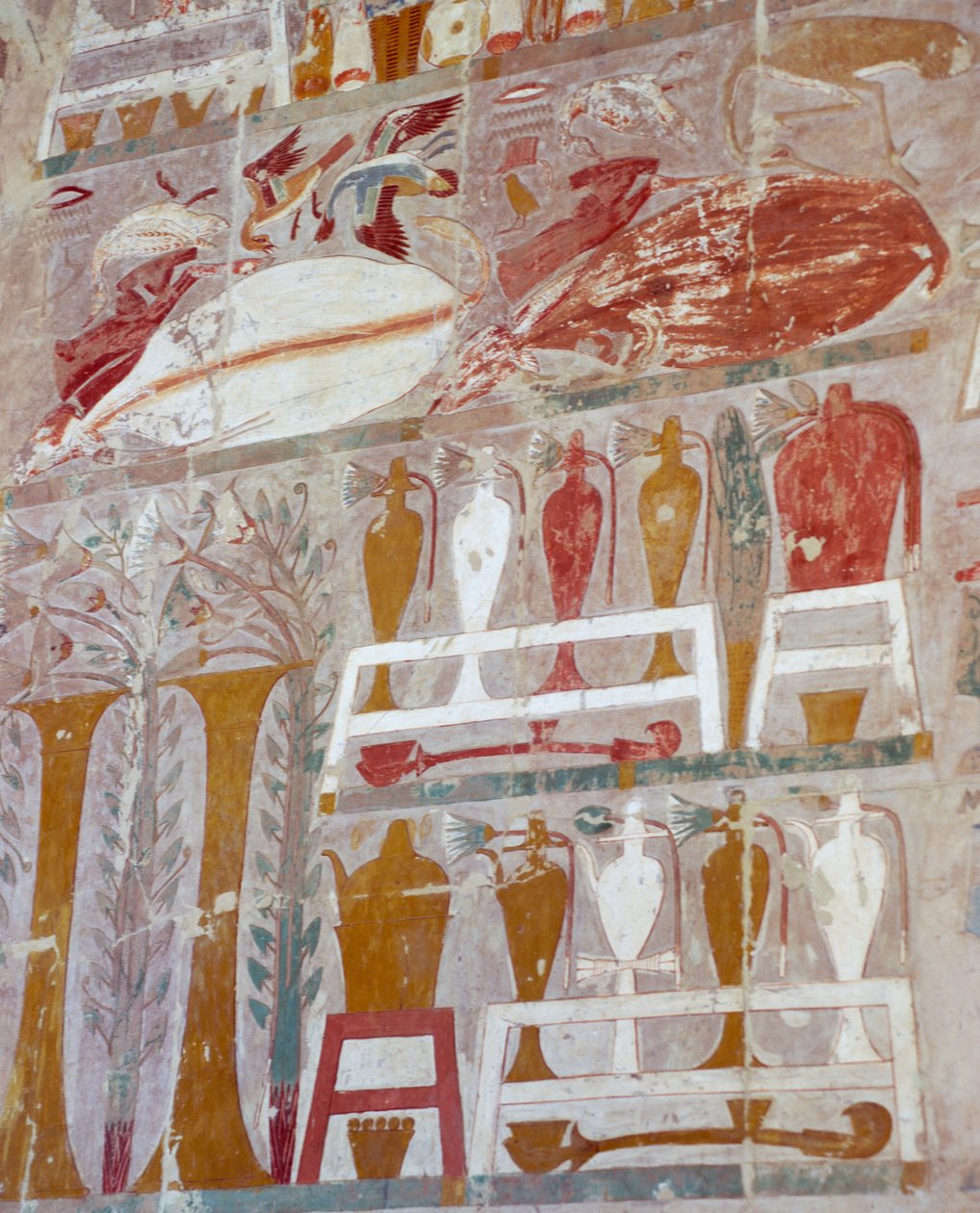 Provisões e cerâmicas oferecidas aos deuses pela rainha Hatshepsut, relevo pintado, Capela de Anúbis, Templo Mortuário da rainha Hatshepsut, também conhecido como Djeser-Djeseru, Deir el-Bahri, Tebas. Civilização egípcia, Novo Reino, Dinastia XVIII de Egyptian 18th Dynasty