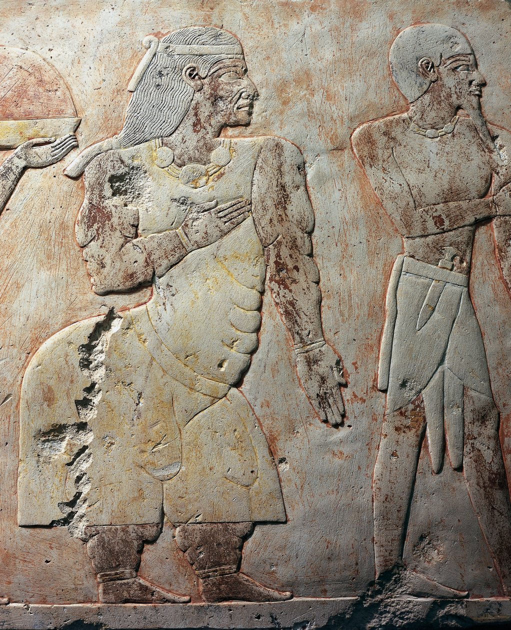 Rainha de Punt, cena de pormenor representando a expedição à Terra de Punt, relevo pintado, colunata de Punt, templo mortuário de Hatshepsut, Deir el-Bahari, necrópole de Tebas (Lista do Património Mundial da Unesco de Egyptian 18th Dynasty