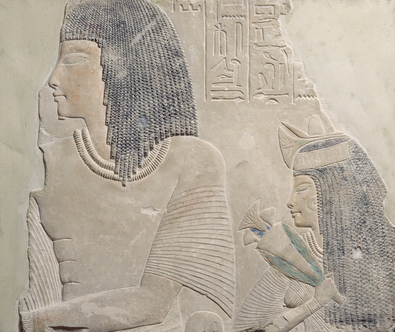 Relevo representando Imenmes e Dejat, os pais do General Imeneminet, de um túmulo em Memphis, New Kingdom, c.1336-1295 aC (calcário pintado) de Egyptian 18th Dynasty