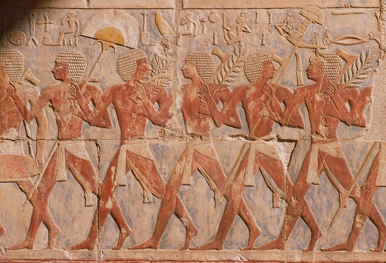 Relevo retratando um desfile em homenagem à deusa Hathor, do Templo Mortuário de Hatshepsut (c.1503-1482 aC) Novo Reino (calcário pintado) (ver também 226168) de Egyptian 18th Dynasty