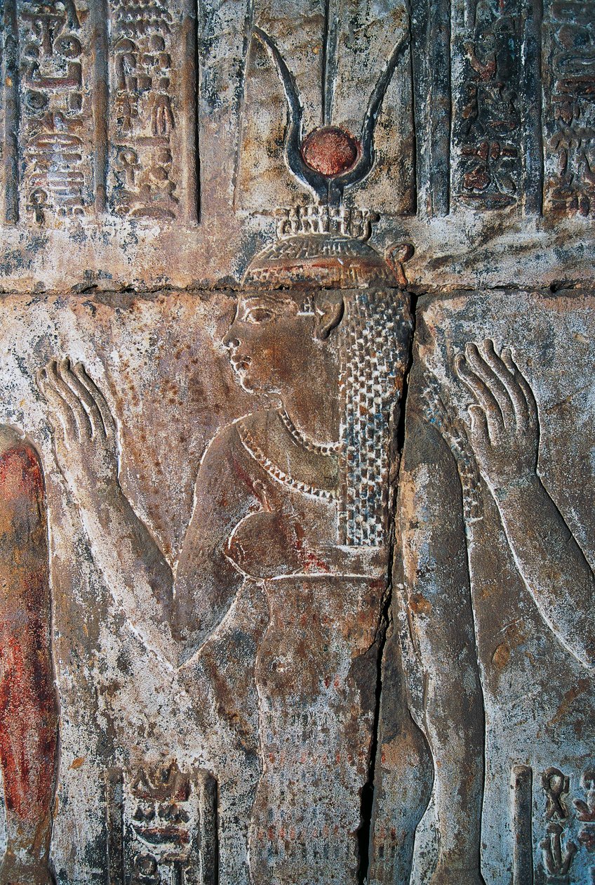 Relevo de Hatshepsut representada como Hathor, Templo Mortuário de Hatshepsut, Deir el-Bahri, Luxor, Tebas (Lista do Património Mundial da Unesco de Egyptian 18th Dynasty