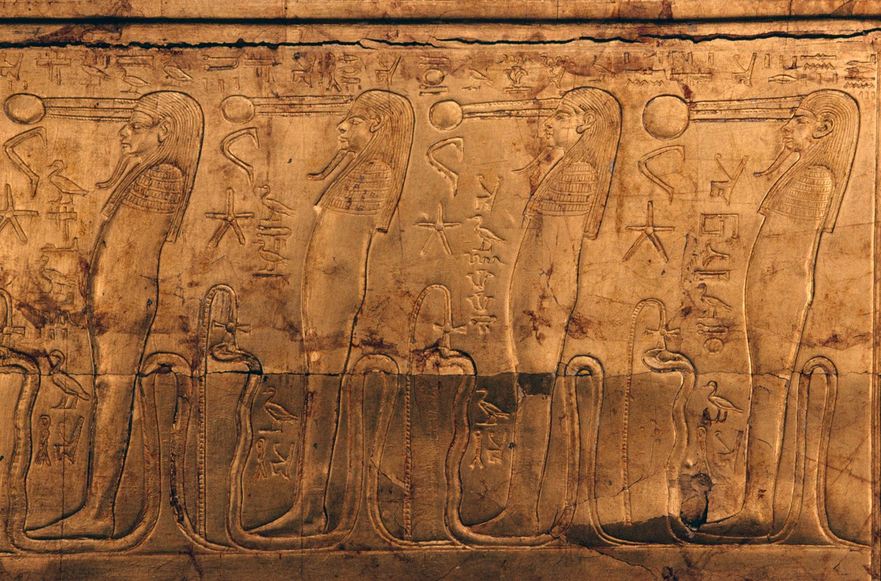 Relevo sobre caixão de madeira dourada, Tesouro de Tutankhamon de Egyptian 18th Dynasty