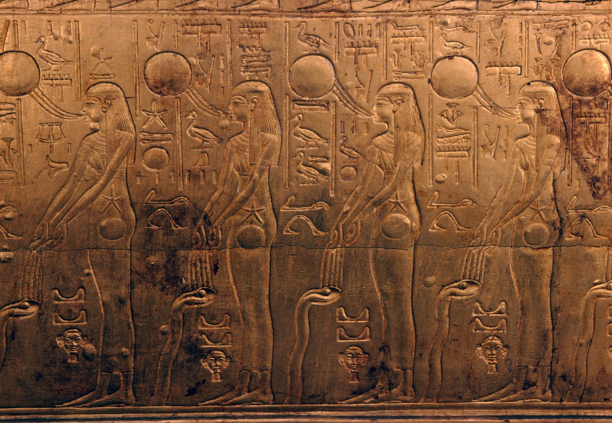 Relevo sobre caixão de madeira dourada, Tesouro de Tutankhamon de Egyptian 18th Dynasty