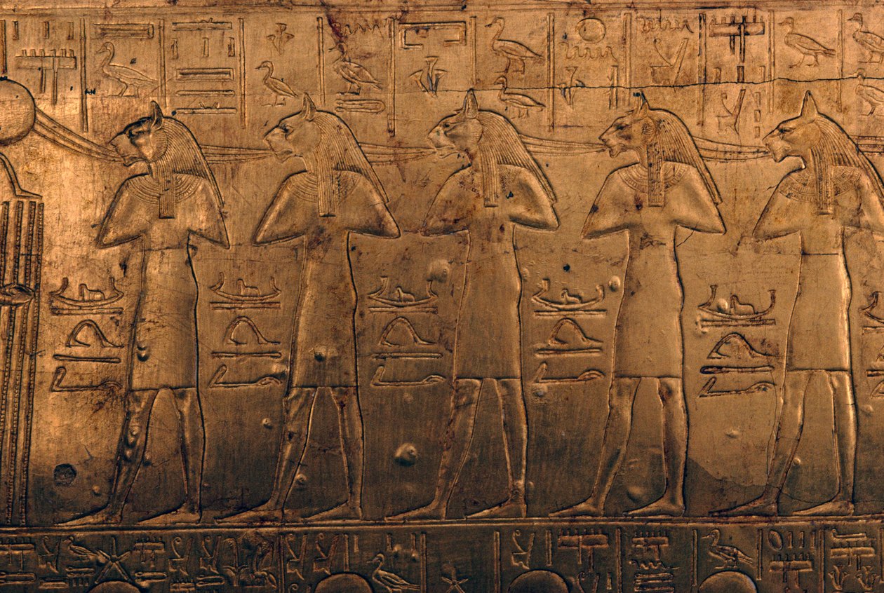 Relevo sobre caixão de madeira dourada, Tesouro de Tutankhamon de Egyptian 18th Dynasty