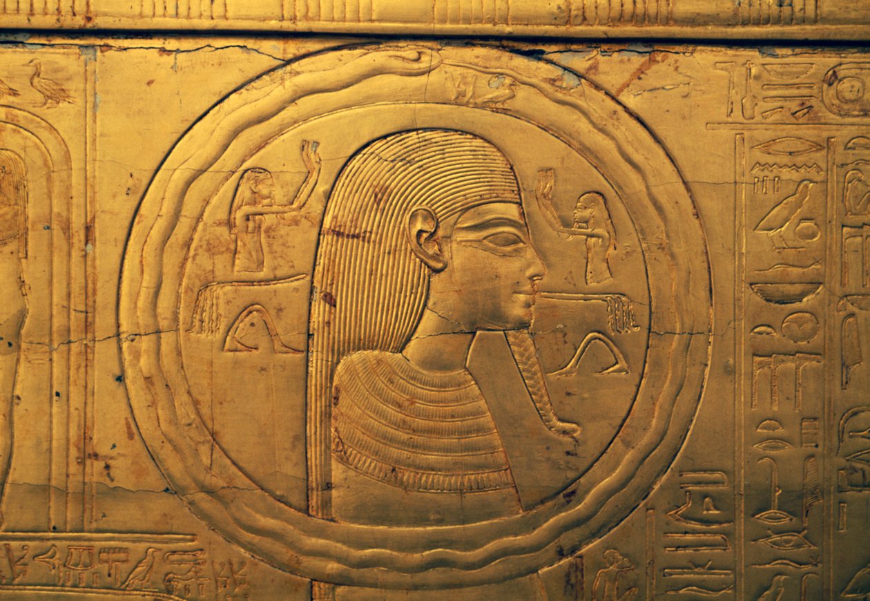 Relevo no painel exterior esquerdo da segunda capela funerária, Tesouro de Tutankhamon, Egito, Civilização egípcia, Novo Reino, Dinastia XVIII de Egyptian 18th Dynasty