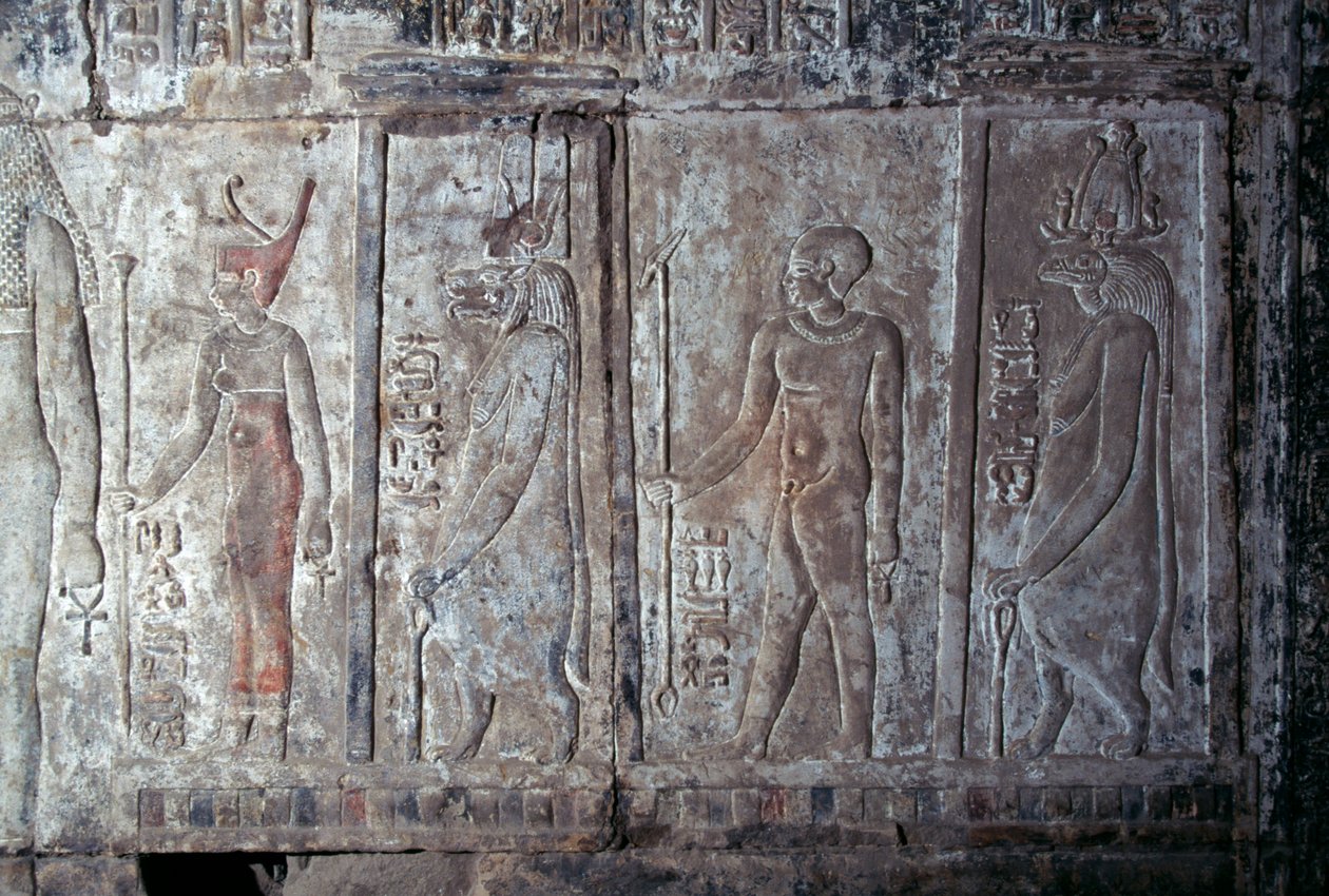 Relevo com Neith, Opet, Hor Hijen e Hirent, Templo Mortuário de Hatshepsut, Deir el-Bahari, Necrópole Tebana (Património Mundial da UNESCO de Egyptian 18th Dynasty