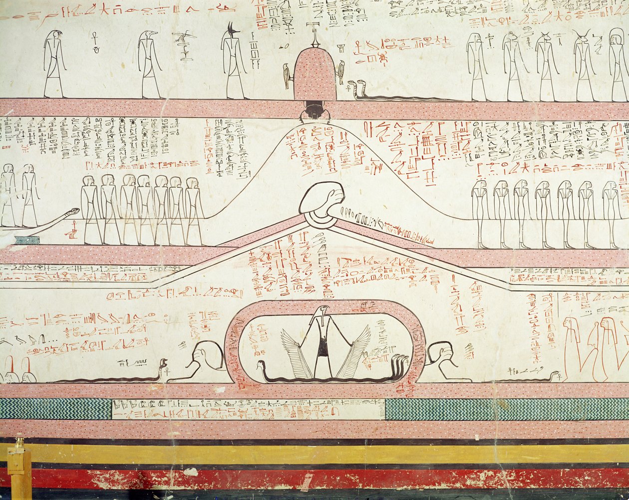 Cena do livro de Amduat mostrando a jornada para o submundo, o novo reino (pintura de parede) de Egyptian 18th Dynasty