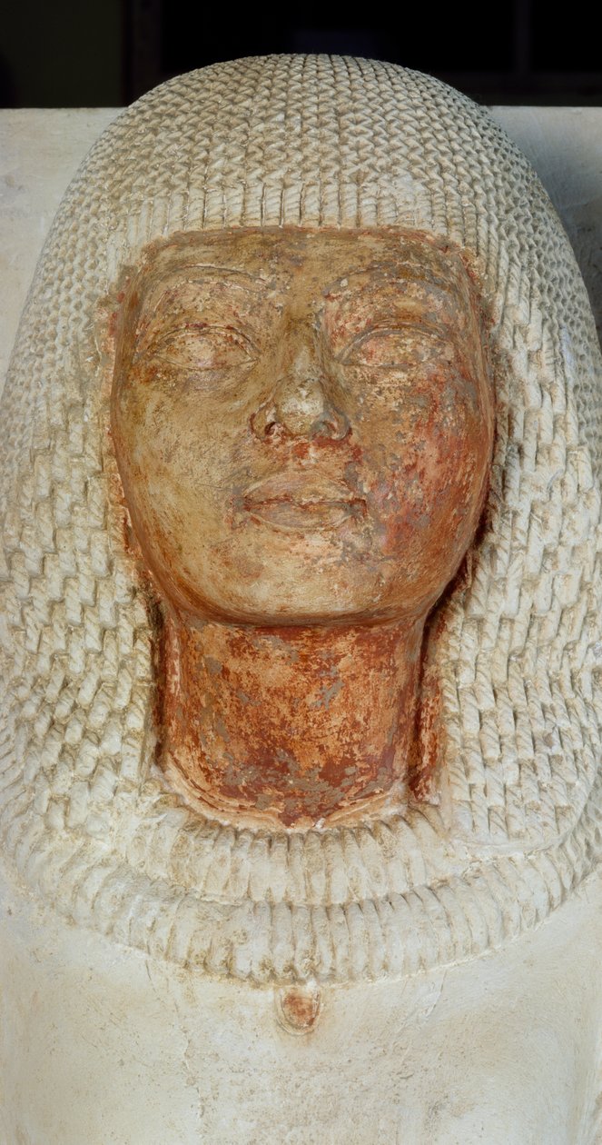 O rosto do escriba Meryneith, detalhe da estátua dupla do sumo sacerdote Meryneith e sua esposa Aniuia, calcário pintado datado do reinado de Akhenaten, Saqqqara. Civilização egípcia, Reino Novo, Dinastia XVIII de Egyptian 18th Dynasty