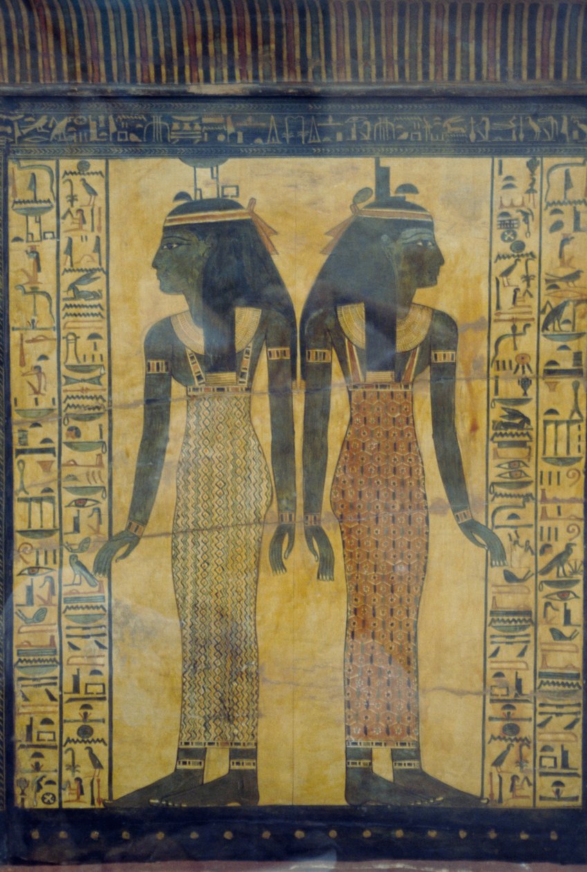 Selket e Neith, pormenor decorativo do sarcófago de Maiherpri, civilização egípcia, Novo Reino, Dinastia XVIII de Egyptian 18th Dynasty