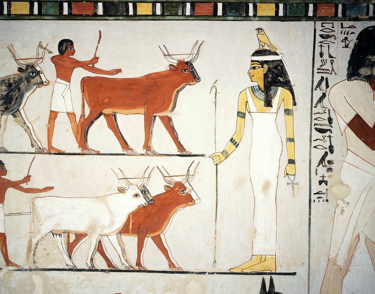Pastores e gado em frente à deusa Imentet, fresco, parede sul, câmara longitudinal, Túmulo Tebano TT69, Sheikh Abd el-Qurna, Tebas (Lista do Património Mundial da Unesco de Egyptian 18th Dynasty