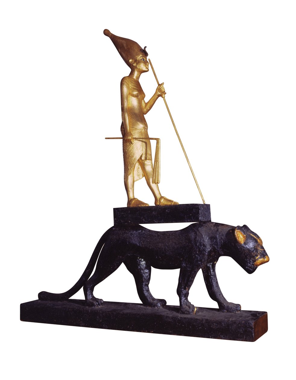Estatueta do rei sobre um leopardo. da Tumba de Tutancâmon (c.1370-1352 aC) Novo Reino (madeira e bronze dourado) (ver também 228569) de Egyptian 18th Dynasty