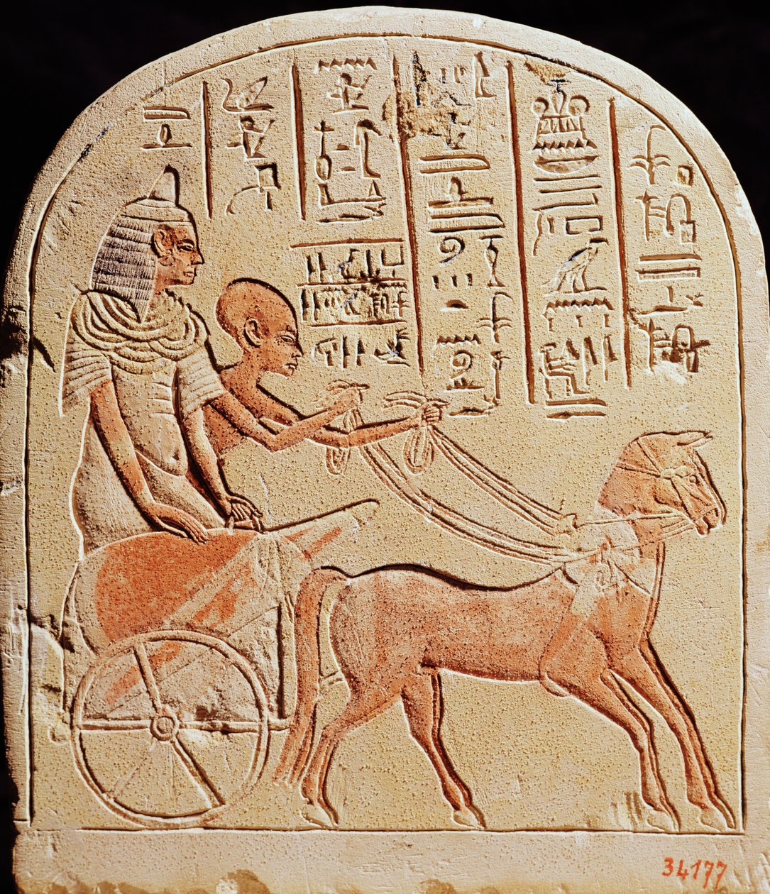 Estela representando um escriba dirigindo uma carruagem, de Tell El-Amarna, Novo Reino, c.1353-1337 aC de Egyptian 18th Dynasty