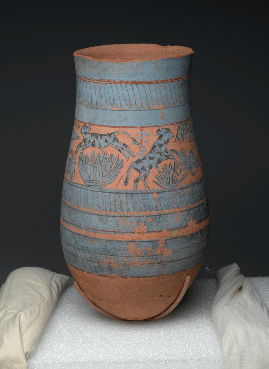 Vaso em forma de lágrima com desenhos pintados de donzelas, vacas e plantas do pântano, New Kingdom, c.1390-1353 BC (terracota pintada) de Egyptian 18th Dynasty