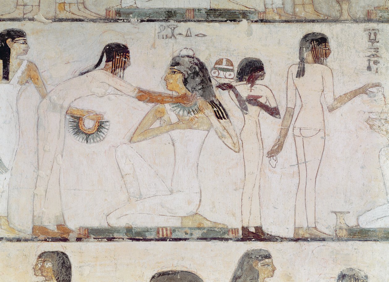 O banheiro de nobres, do túmulo de Rekhmire, vizir de Tuthmosis III e Amenhotep II, New Kingdom (pintura de parede) de Egyptian 18th Dynasty