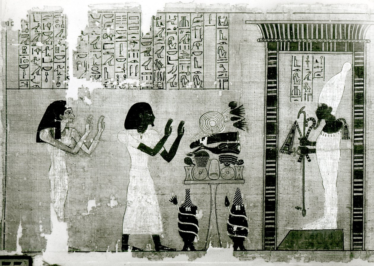 O falecido acompanhado por sua irmã vai homenagear Osíris, detalhe do Livro dos Mortos, Novo Reino (papiro) de Egyptian 18th Dynasty