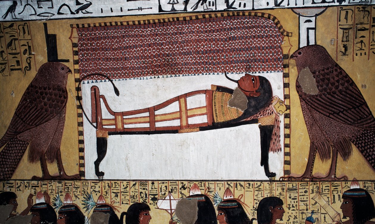 Deposição do defunto, pintura mural, Túmulo de Sennedjem, Vale dos Reis, Luxor, Tebas (Património Mundial da UNESCO) de Egyptian 18th Dynasty