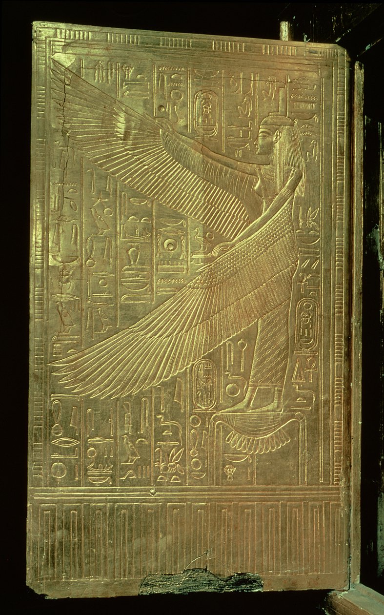 A deusa Ísis de dentro de uma das portas duplas do terceiro santuário dourado, do túmulo de Tutancâmon (c.1370-52 aC) Novo reino (madeira dourada) de Egyptian 18th Dynasty