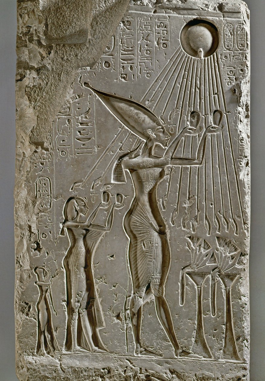 A família real de Amenófis IV Akhnatonoferece um sacrifício a Aton de Egyptian 18th Dynasty