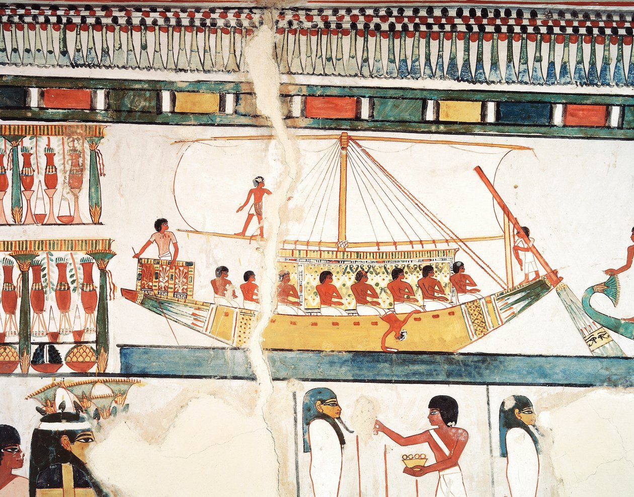 A nave solar, detalhe da peregrinação a Abydos, fresco, parede norte, longa sala de jantar, Theban Tomb TT69, Sheikh Abd el-Qurna, Thebes (Lista do Património Mundial da Unesco de Egyptian 18th Dynasty
