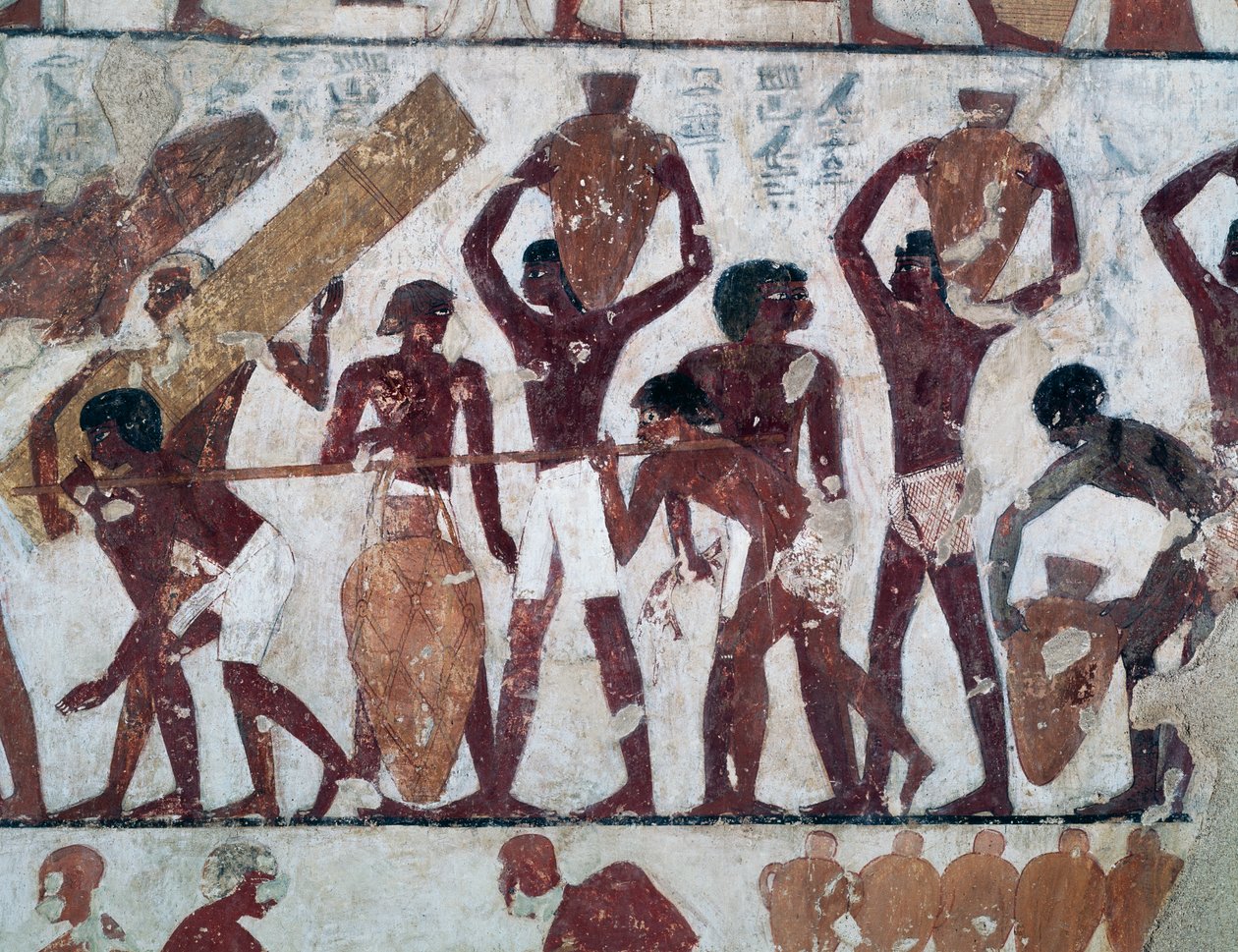 Transporte de alimentos para abastecer os armazéns do Templo de Amon, Túmulo de Rekhmire, também conhecido como Túmulo TT100, Sheikh Abd el-Qurna, Necrópole Tebana (Lista do Património Mundial da Unesco de Egyptian 18th Dynasty