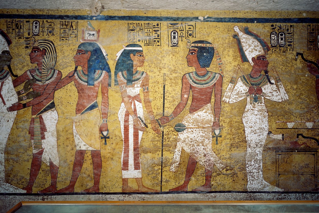Tutankhamun diante de Osíris, faraó em frente à deusa Nut e Ay realizando a cerimónia de abertura da boca, fresco, parede da câmara funerária, Túmulo de Tutankhamun, Vale dos Reis, Tebas, Egipto. Civilização egípcia, Novo Reino, Dinastia XVIII de Egyptian 18th Dynasty