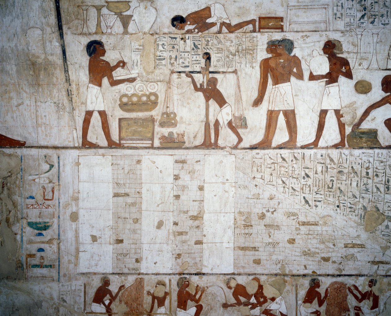 Pesando ouro e prata, detalhe de afrescos em Túmulo de Rekhmire, Sheikh Abd el Qurnah Necropolis, Luxor, Tebas (Lista do Património Mundial da Unesco de Egyptian 18th Dynasty