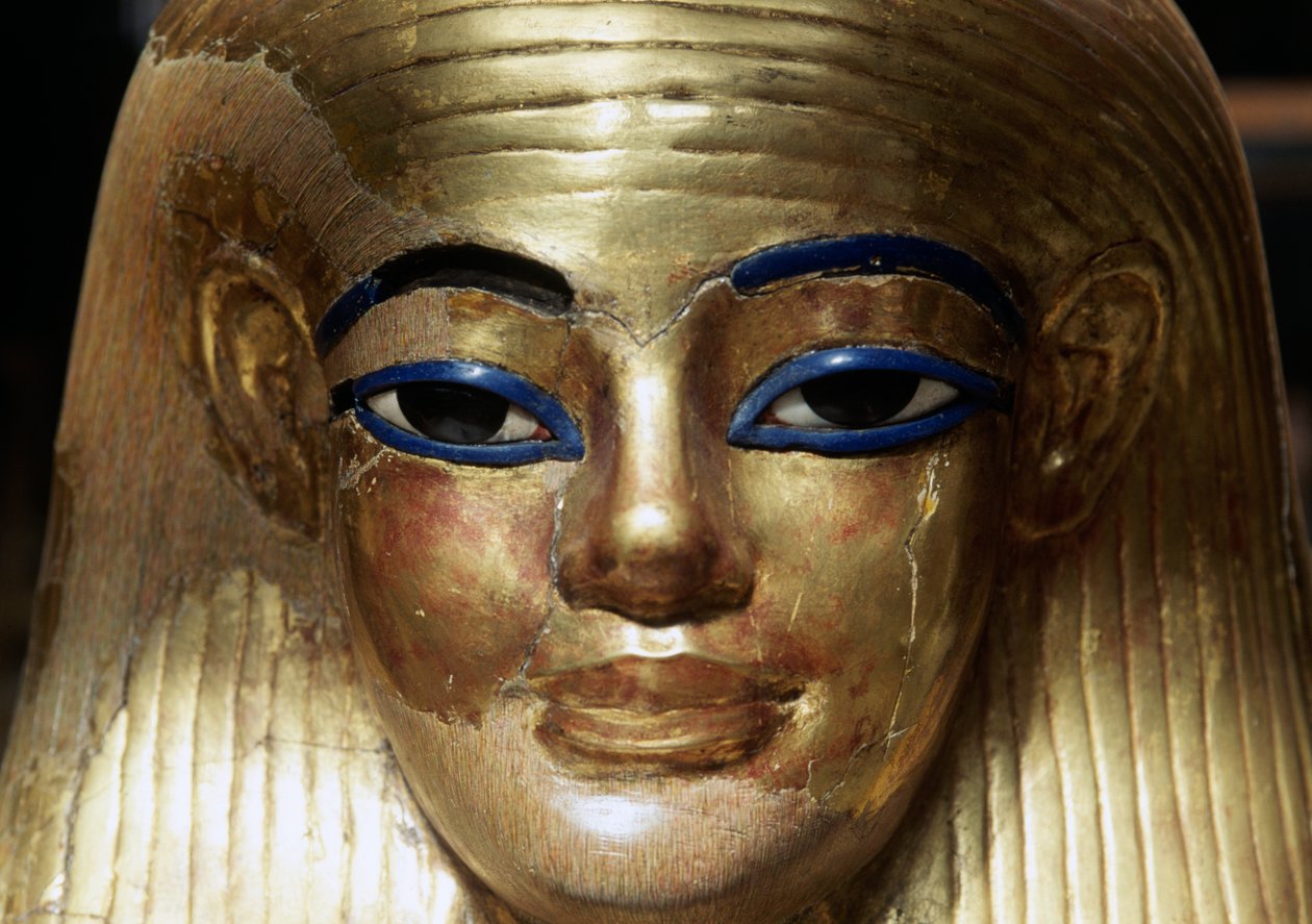Máscara mortuária de Yuya, do Túmulo de Yuya Tjuya, Vale dos Reis, Egito, Civilização egípcia, Novo Reino, Dinastia XVIII, Pormenor de Egyptian 18th Dynasty