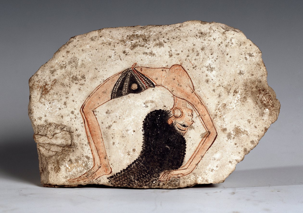 Uma mulher dançarina acrobata, Ostrakon. Pedra calcária, cerca de 1295-1186 a.C. de Egyptian 19th Dynasty