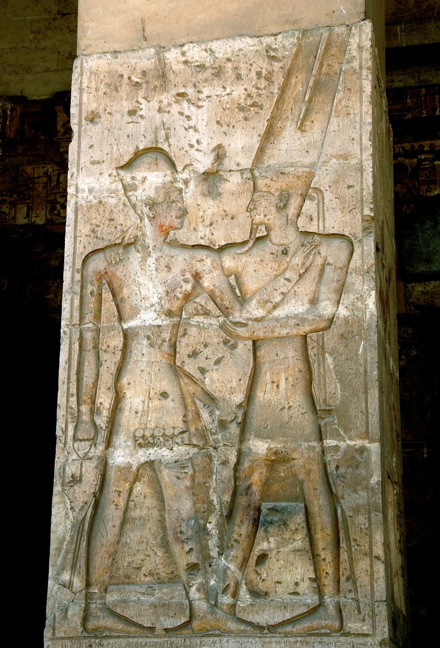Arte Egípcia Antiga: Alívio baixo na coluna do templo de Sethi I (Sety ou Seti I de Egyptian 19th Dynasty