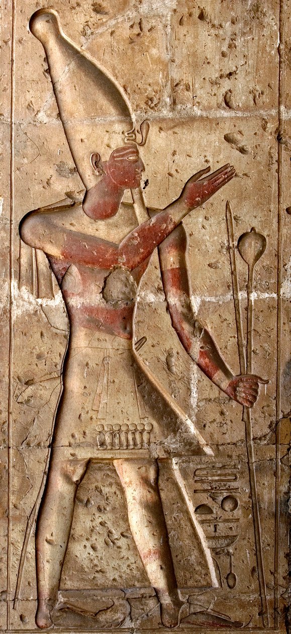 Arte Egípcia Antiga: Baixo relevo numa coluna do templo de Sethi I (Sety ou Seti I de Egyptian 19th Dynasty