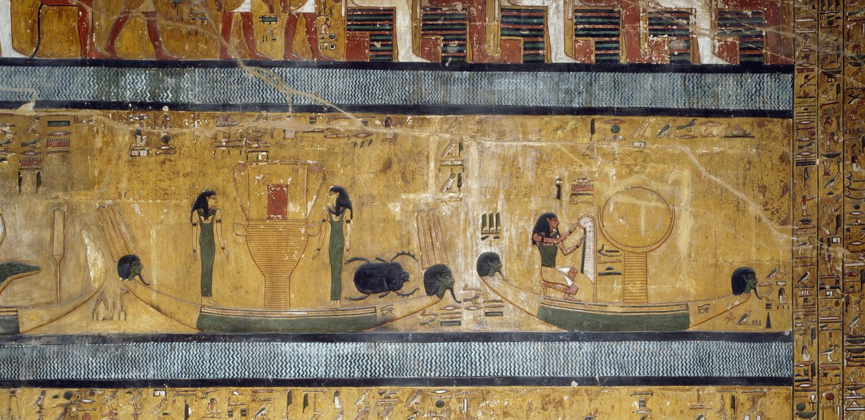 Barcos com amantes, deusas e escaravelho, deus com pena de avestruz e lua em caixa, afresco do grande Salão do Túmulo Hipostilo de Seti I, Vale dos Reis, Luxor, Tebas (Unesco Unesco de Egyptian 19th Dynasty