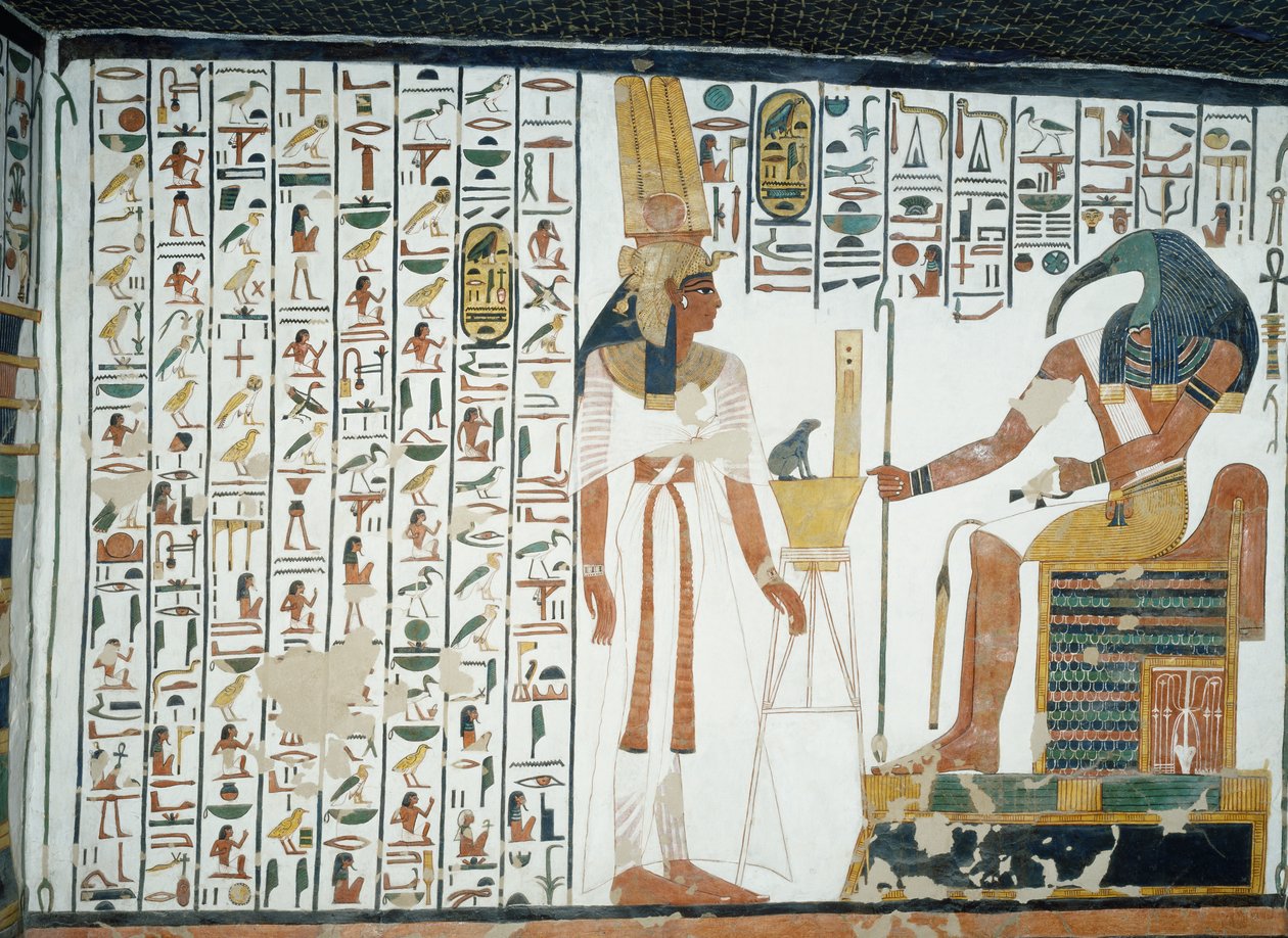 Capítulo 94 do Livro dos Mortos, Nefertari em pé diante do deus Toth, o escriba de cabeça ibis, fresco, parede norte, câmara do lado leste, Túmulo de Nefertari (QV66), Vale das Rainhas, Tebas. Civilização egípcia, Reino Novo, Dinastia XIX. de Egyptian 19th Dynasty