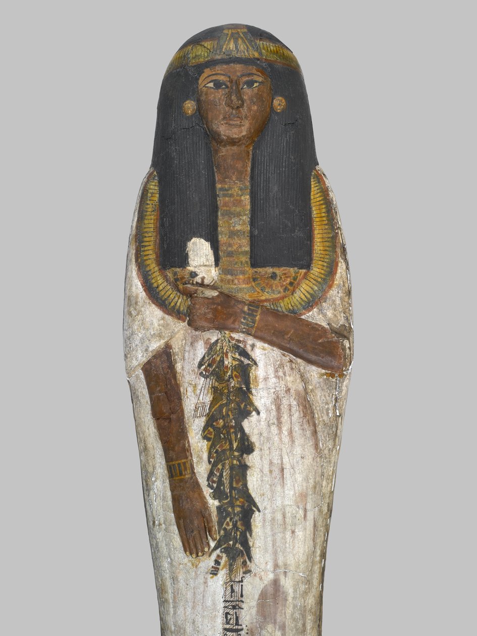 Caixão da Senhora da Casa, Weretwahset, reinscrevido para Bensuipet, encontrado em Thebes, New Kingdom, c.1292-1190 BC (madeira pintada) (detalhe de 293508) de Egyptian 19th Dynasty
