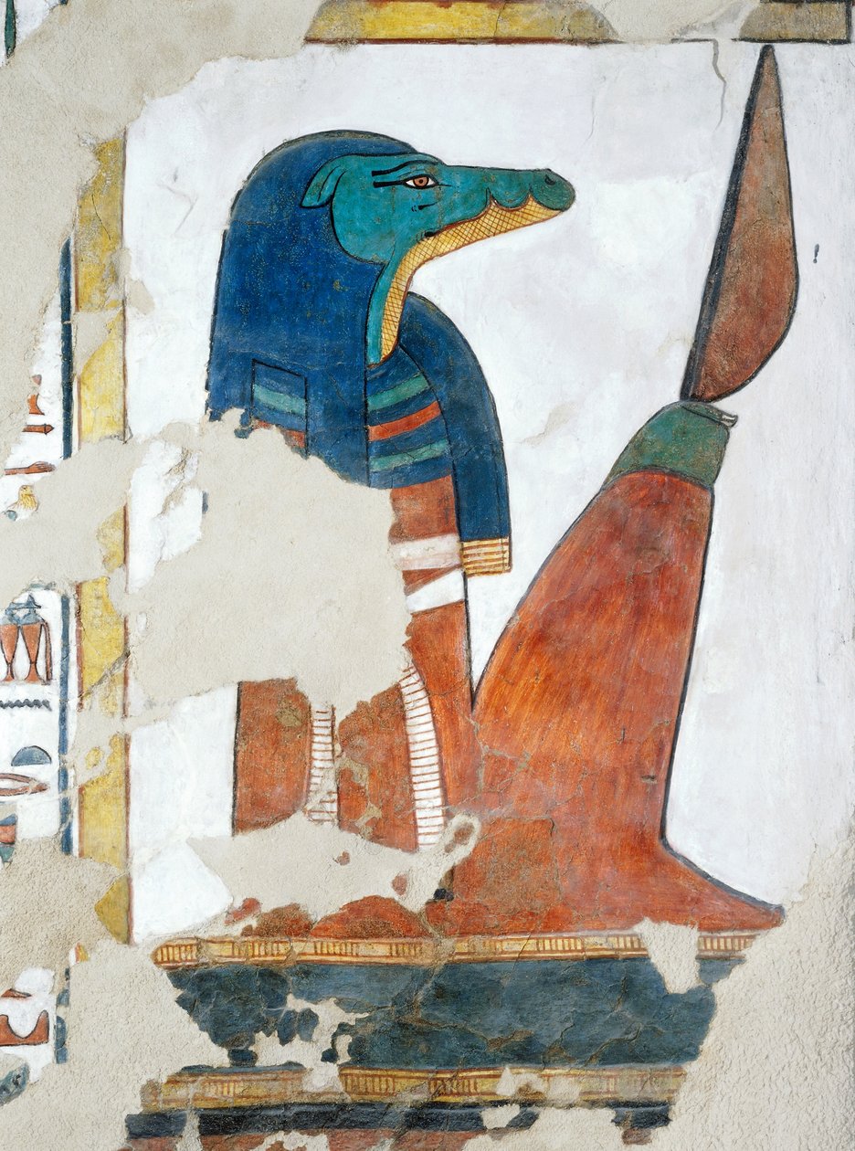 Guardião com cabeça de crocodilo da terceira porta do Reino de Osíris, capítulo 146 do Livro dos Mortos, fresco, câmara funerária, Túmulo de Nefertari (QV66), Vale das Rainhas, Tebas. Civilização egípcia, Novo Reino, Dinastia XIX. de Egyptian 19th Dynasty