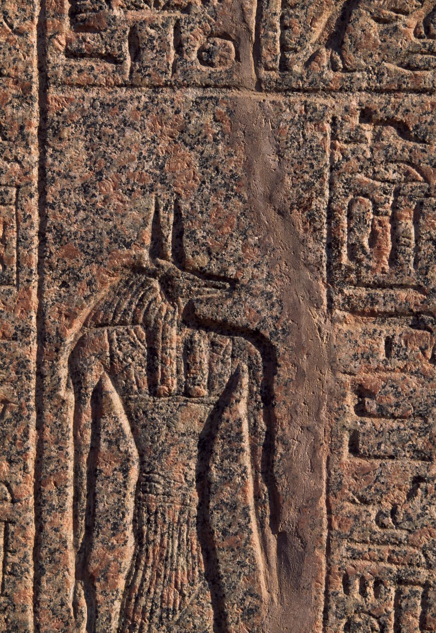 Representação de Anúbis, pormenor da inscrição e relevo de Anúbis e outro deus, sarcófago de Amenhotep, Mênfis (Lista do Património Mundial da Unesco de Egyptian 19th Dynasty
