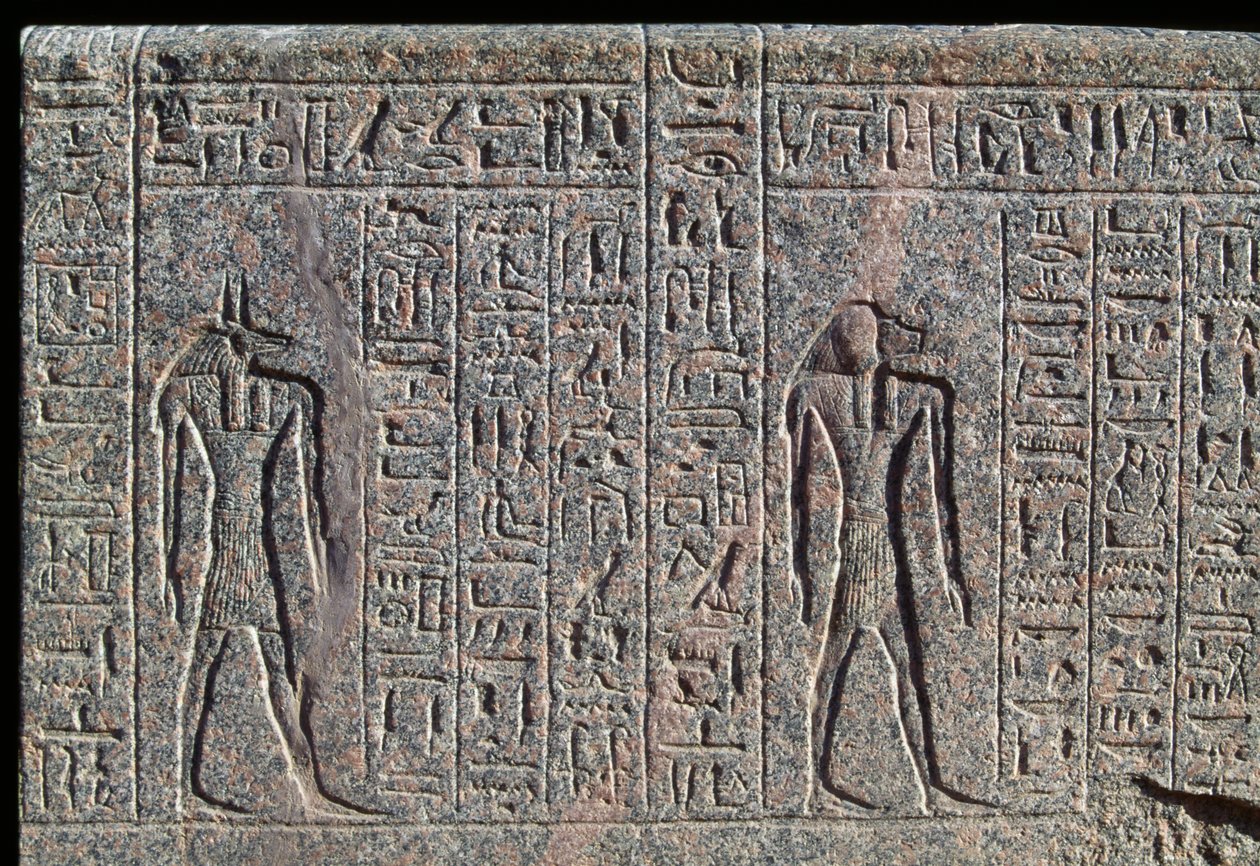 Representação de Anúbis, pormenor da inscrição e relevo de Anúbis e de outro deus, sarcófago de Amenhotep, Mênfis, Egito, Novo Reino, Dinastia XIX de Egyptian 19th Dynasty