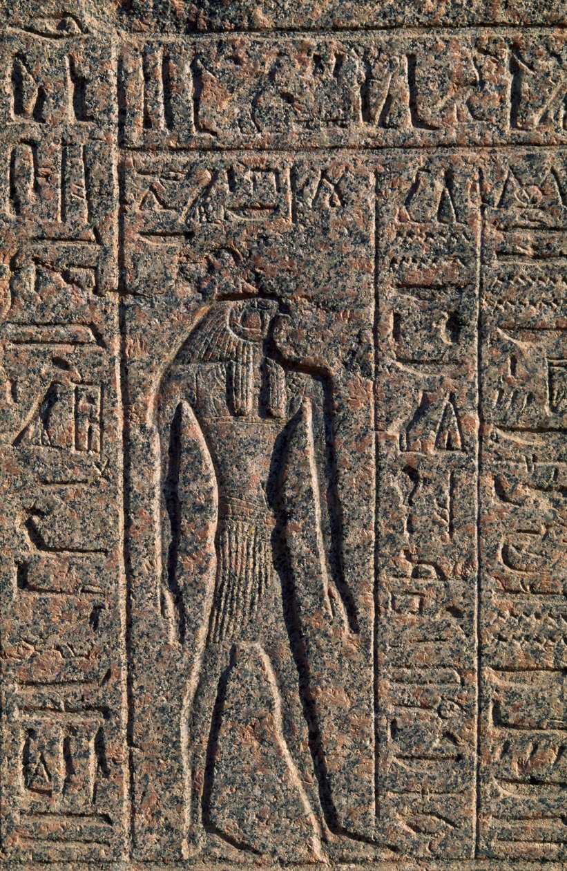 Representação de Hórus, pormenor da inscrição e relevo de Toth e Hórus, sarcófago de Amenhotep, Mênfis (Lista do Património Mundial da Unesco de Egyptian 19th Dynasty