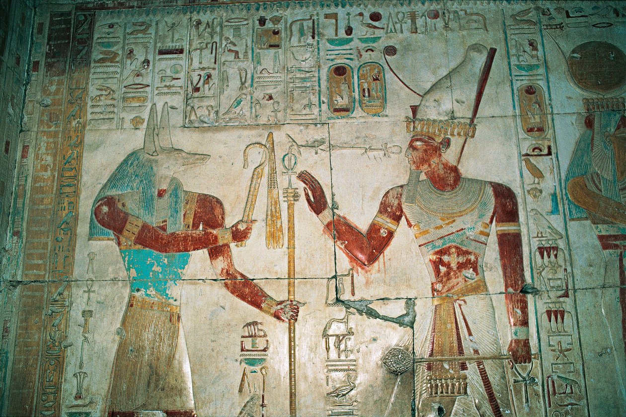 Egito, Abydos, Templo do faraó Seti I, capela de Osíris. Pormenor, relevo pintado, Novo Reino, Dinastia XIX de Egyptian 19th Dynasty