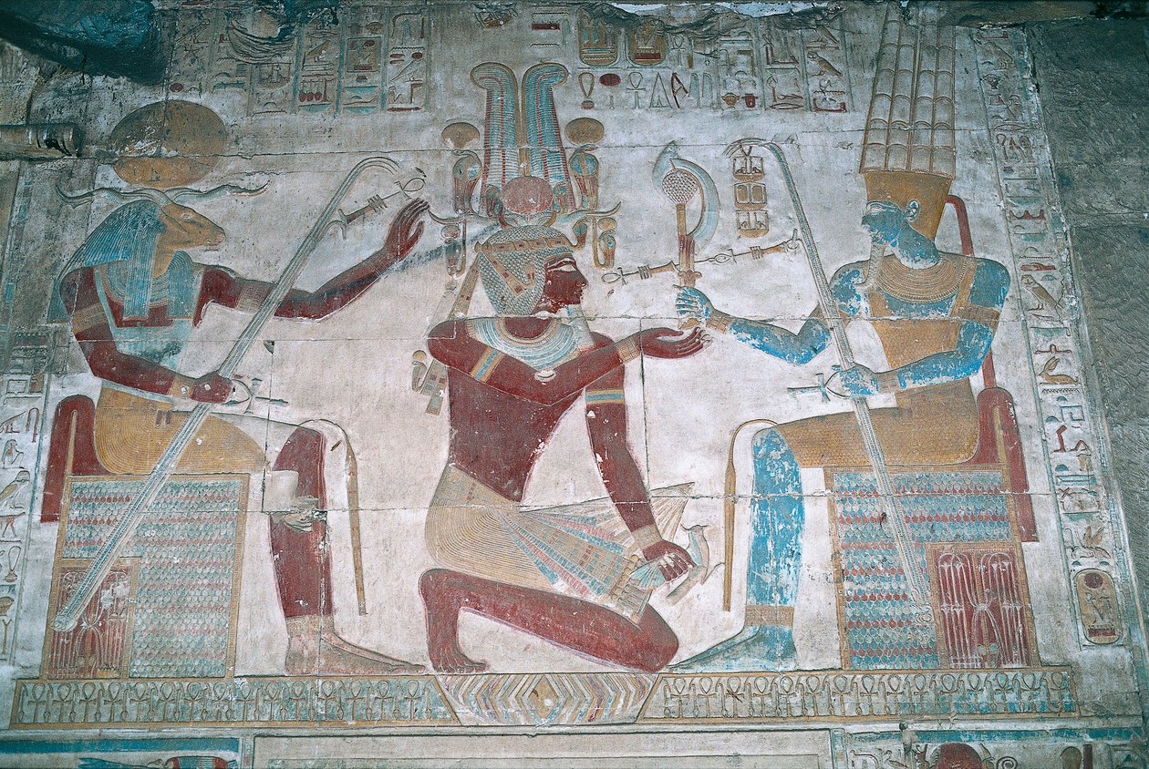 Egipto, Abydos, Templo do faraó Seti I, capela de Osíris, relevo pintado de Egyptian 19th Dynasty